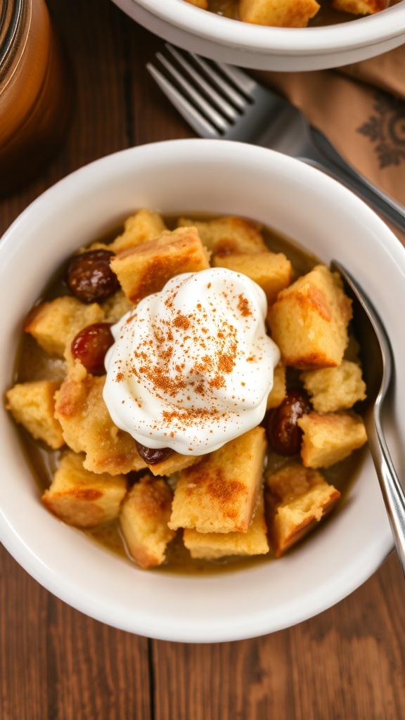 A bowl of warm bread pudding topped with whipped cream and cinnamon, on a wooden table.